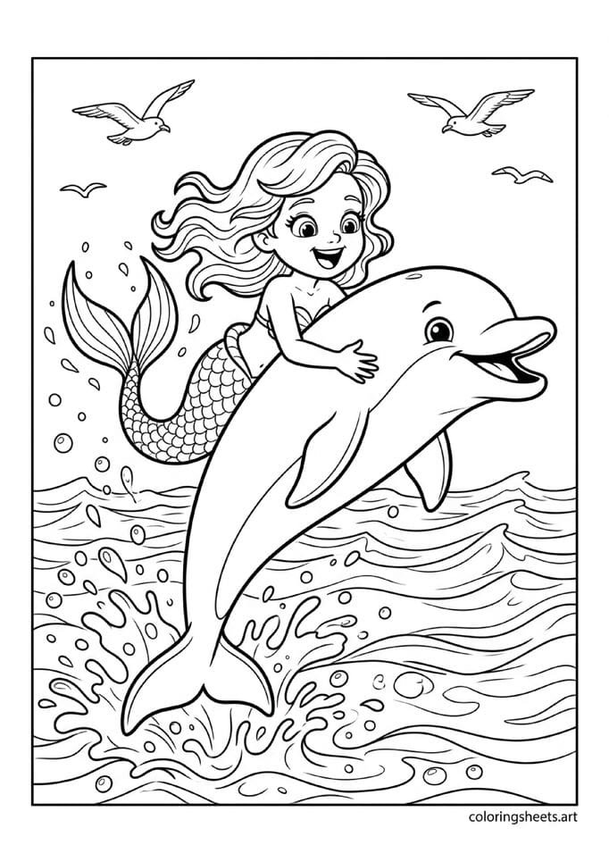 Cute mermaid riding friendly leaping dolphin coloring page, ocean waves and seagulls, free printable PDF.