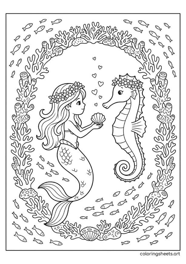 Cute mermaid and seahorse with matching flower crowns coloring page, gift shell and hearts, free printable PDF.
