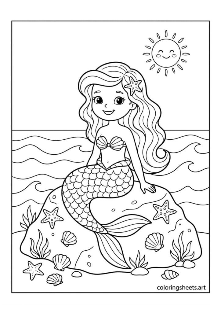 Cute cartoon mermaid sitting on ocean rock with flowing hair patterned tail starfish and seashells coloring page for kids, free printable PDF