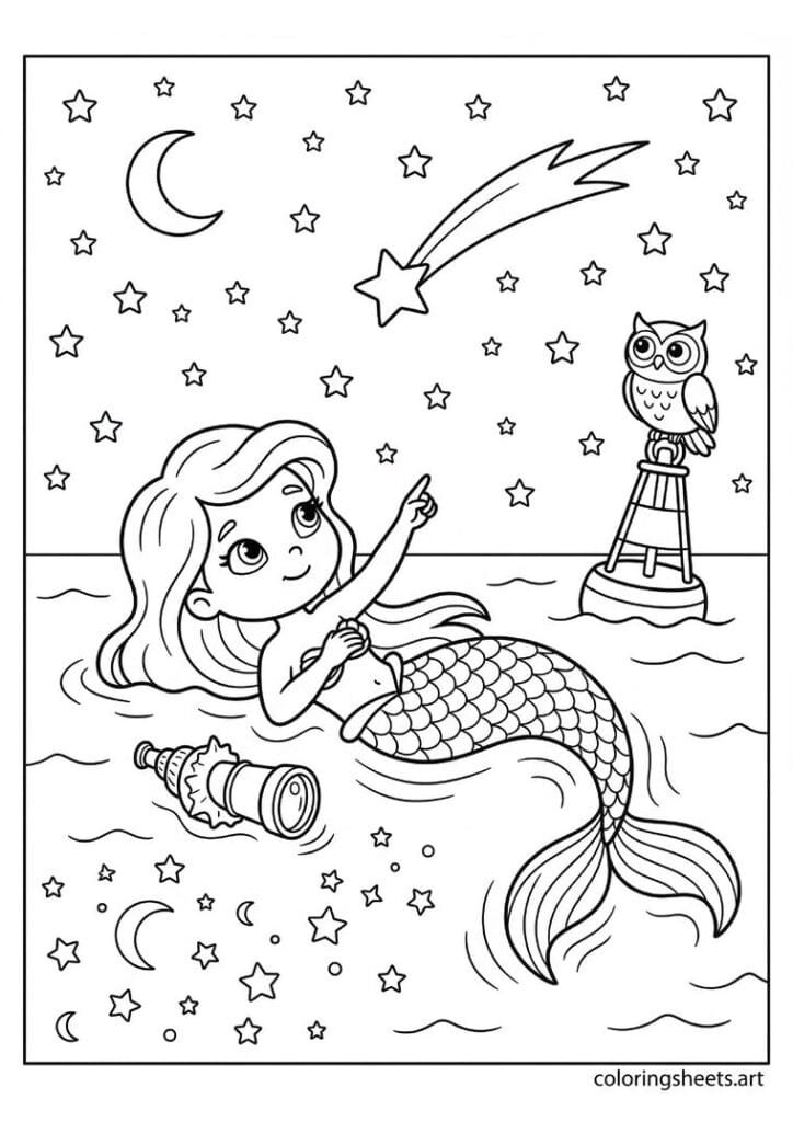 Cute mermaid floating at night with owl on buoy, shooting star reflection coloring page, free printable PDF.