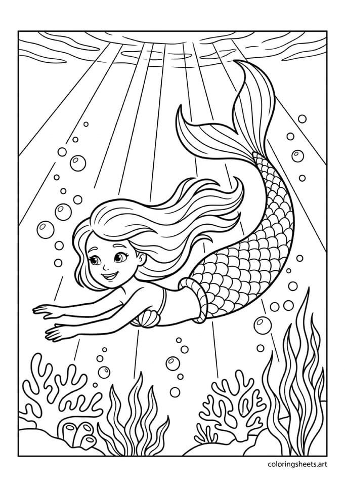 Simple mermaid swimming with flowing hair coloring page, sunlight beams and coral, free printable PDF.