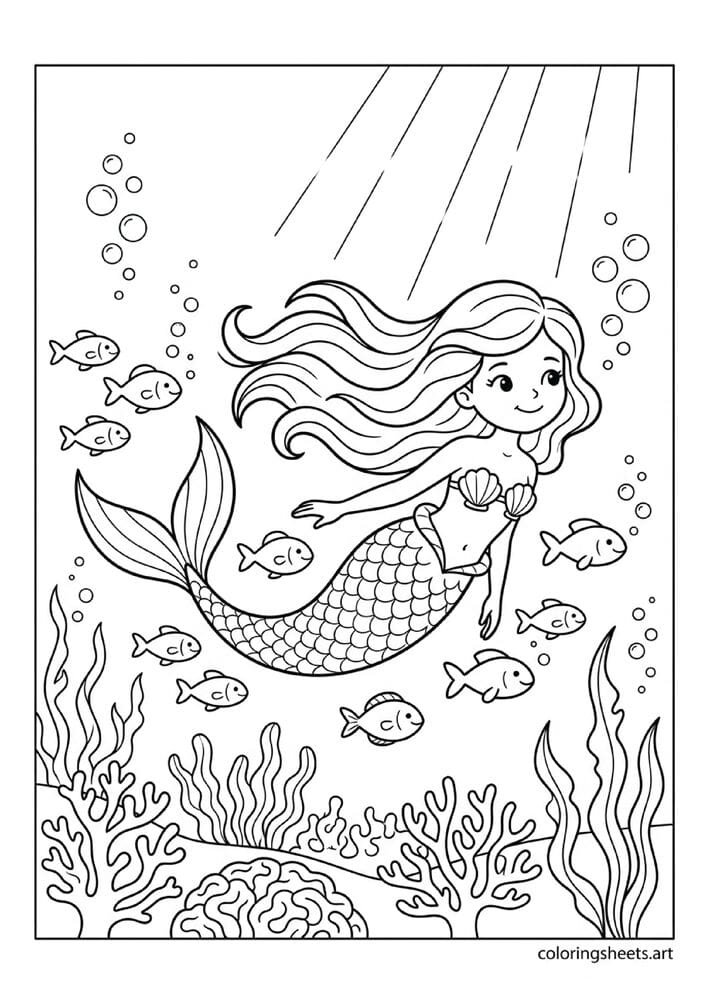 Cute cartoon mermaid swimming through ocean with school of fish coral seaweed and sunlight rays coloring page for kids, free printable PDF