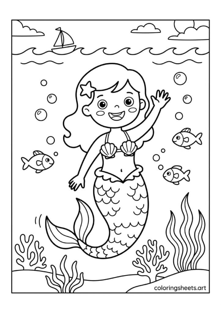 Simple cartoon mermaid waving hello coloring page, happy smile and big eyes, small fish scene, free printable PDF.