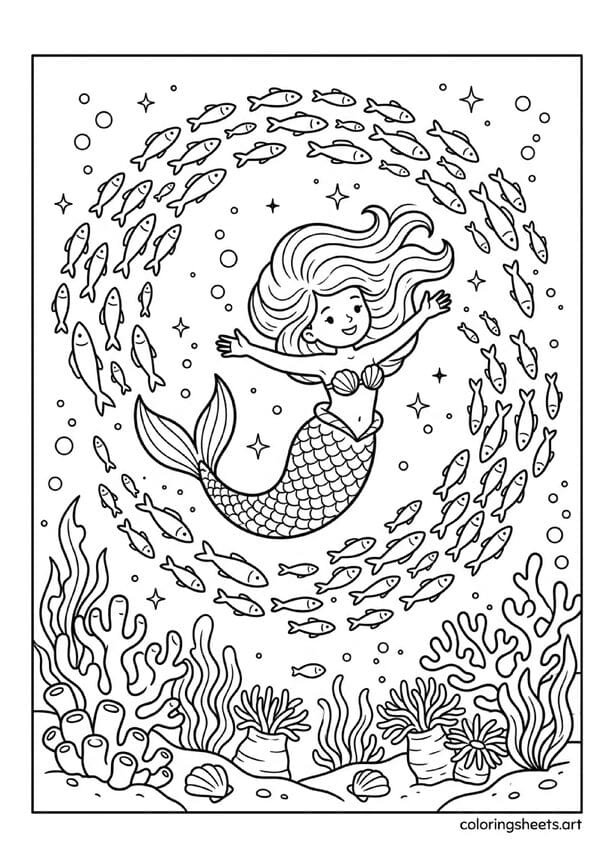 Cute mermaid spinning with school of fish coloring page, synchronized pattern and coral scene, free printable PDF.