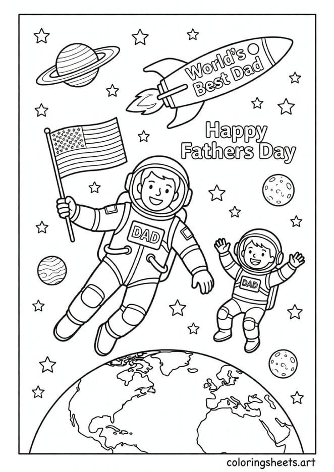 Dad dressed as astronaut floating in space with DAD patch American flag World's Best Dad rocket and child in spacesuit Fathers Day coloring page — free printable PDF