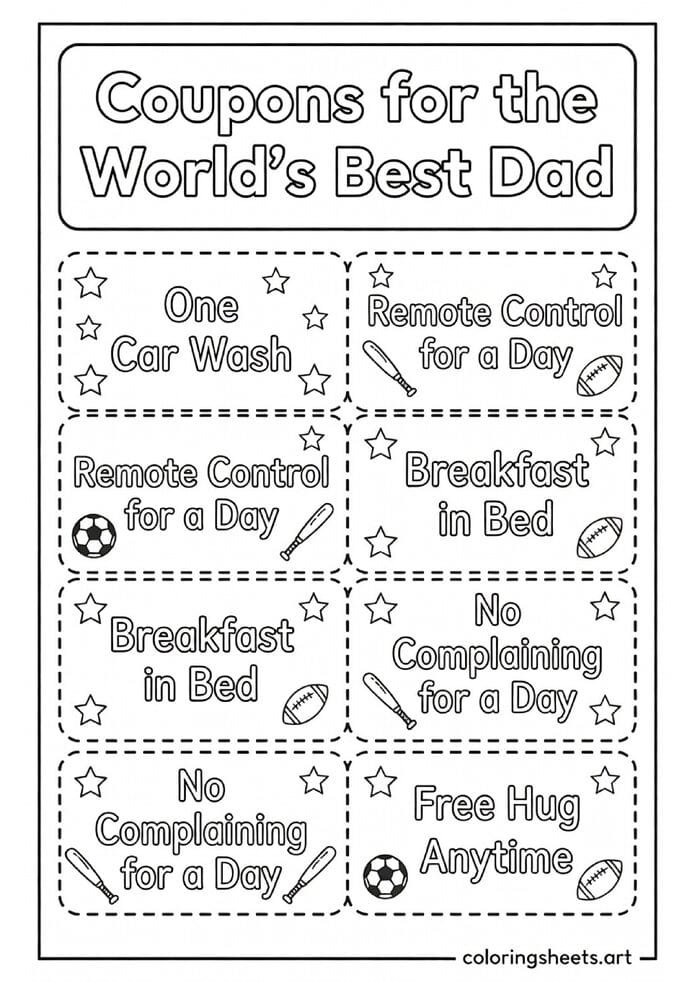 Dad coupon book with cut out coupons for car wash remote control day breakfast in bed and free hugs Fathers Day coloring page for kids — free printable PDF