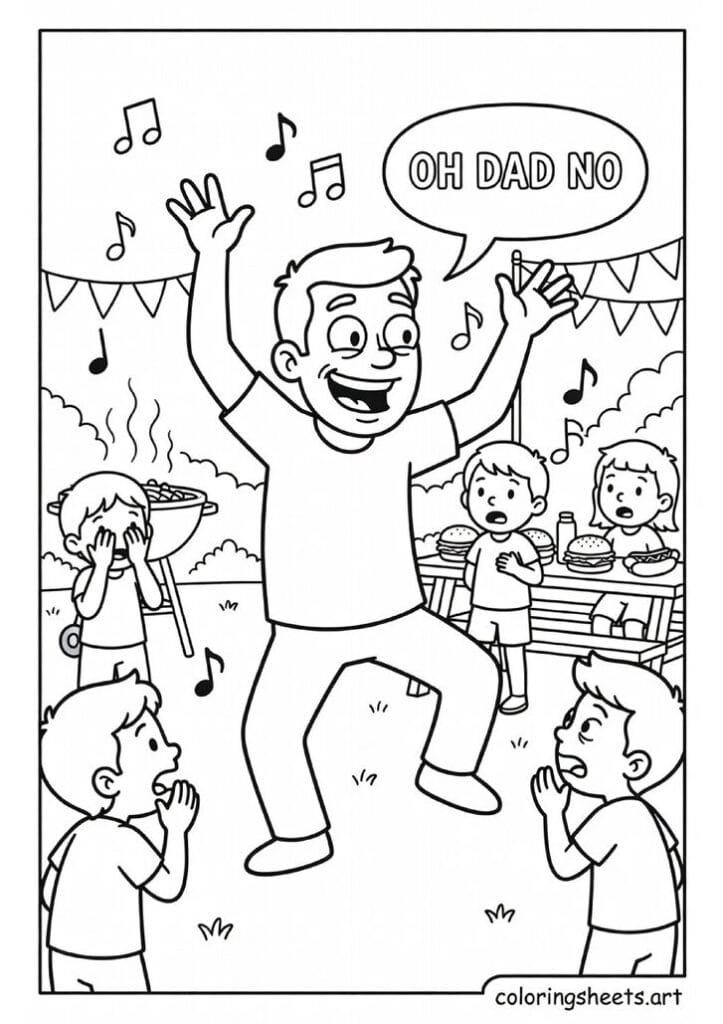 Cartoon dad doing embarrassing dance moves while kids watch horrified with Oh Dad No speech bubble funny Fathers Day coloring page — free printable PDF