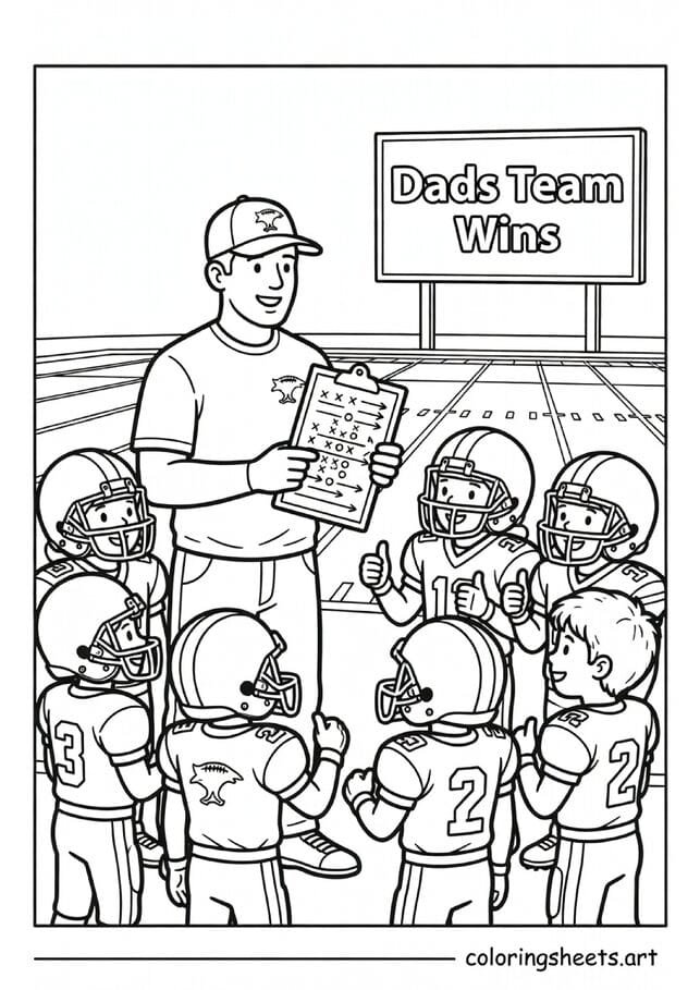 Dad as football coach on sideline with clipboard kids in football uniforms scoreboard showing Dads Team Wins Fathers Day coloring page — free printable PDF