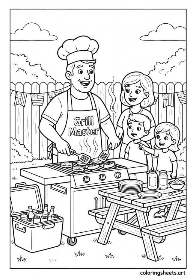 Dad in Grill Master apron at backyard BBQ grill with family watching burgers hot dogs American flag bunting Fathers Day coloring page — free printable PDF