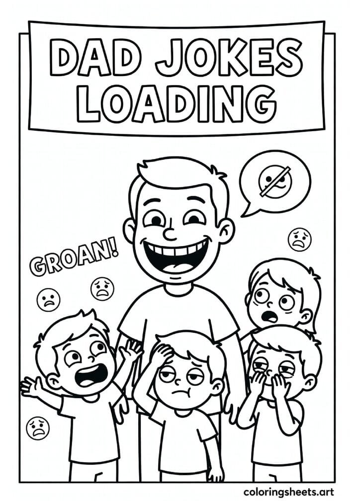 Cartoon dad telling dad joke with kids groaning eye rolling and Dad Jokes Loading banner funny Fathers Day coloring page for kids — free printable PDF