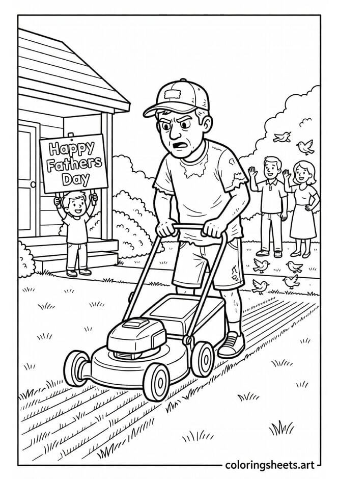 Dad mowing lawn with serious expression perfect pattern child holding Happy Fathers Day sign and neighbors waving coloring page — free printable PDF