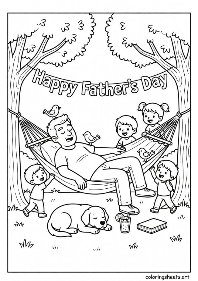 Dad napping in backyard hammock with Happy Fathers Day banner dog underneath kids climbing in and birds landing on him coloring page — free printable PDF