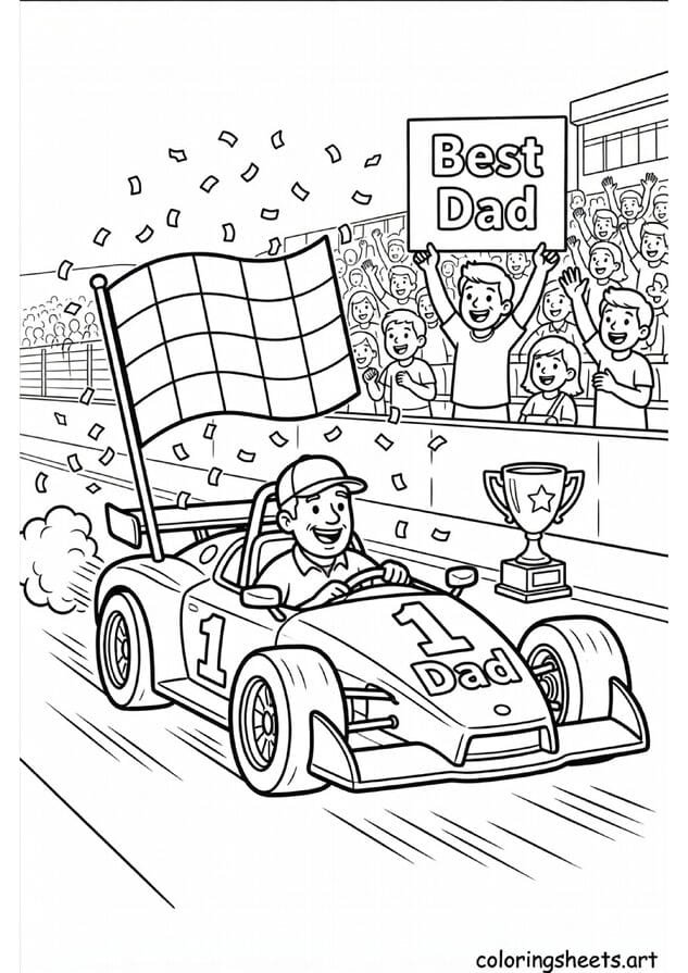 Dad as race car driver crossing finish line with Number 1 Dad car checkered flag confetti and child holding Best Dad sign Fathers Day coloring page — free printable PDF