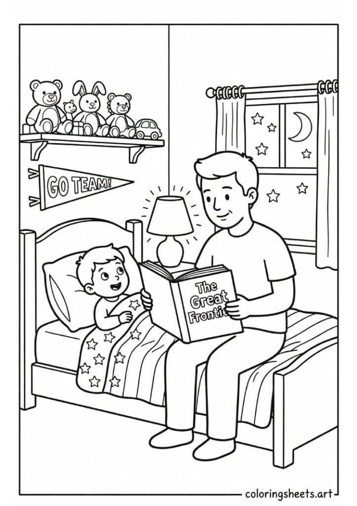 Dad reading adventure storybook to child in bed with star blanket bedside lamp sports pennant and moon through window Fathers Day coloring page — free printable PDF