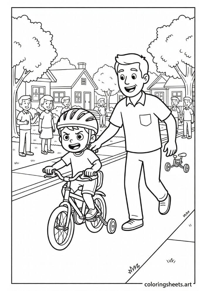 Dad jogging beside child learning to ride bike without training wheels in American suburban neighborhood Fathers Day coloring page — free printable PDF