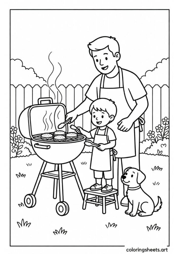 Dad teaching child to grill in backyard with matching aprons step stool burgers and dog watching Fathers Day coloring page — free printable PDF