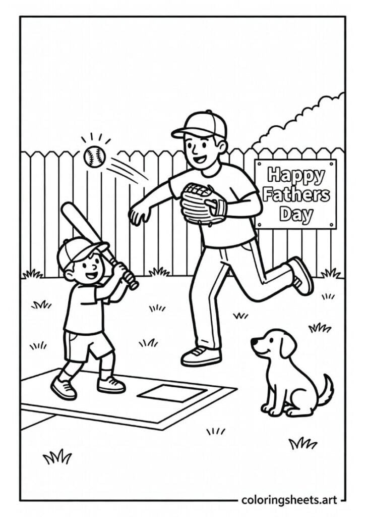 Dad and child at American baseball stadium bleachers with matching caps hot dog and Number 1 foam finger Fathers Day coloring page — free printable PDF