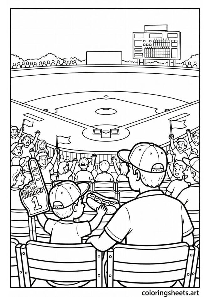Dad pitching baseball to child in backyard with caps gloves home base dog watching and Happy Fathers Day fence sign coloring page — free printable PDF