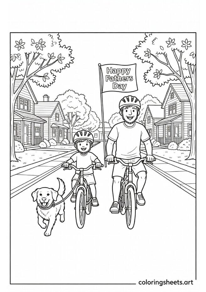 Dad and child riding bikes in suburban American neighborhood with dog and Happy Fathers Day flag Fathers Day coloring page — free printable PDF