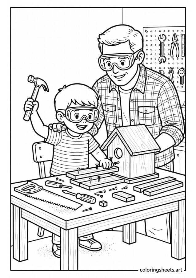 Dad and child building birdhouse together with safety goggles hammer and tools in workshop Fathers Day coloring page — free printable PDF