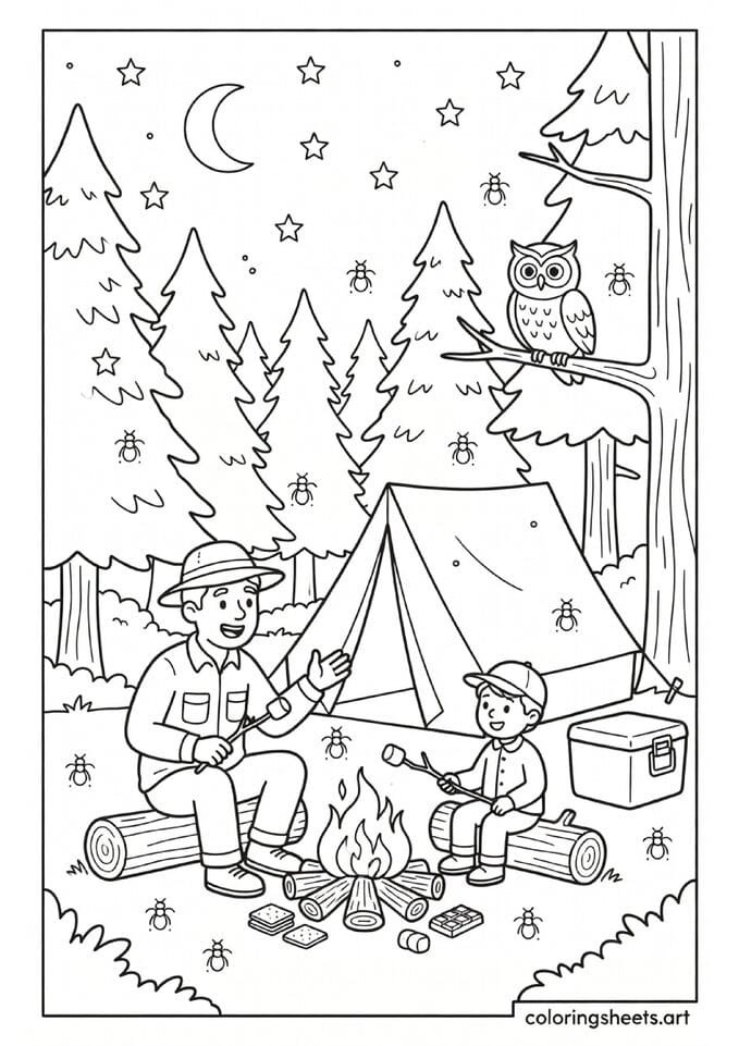 Dad and child roasting marshmallows at campfire with tent cooler fireflies and starry night sky Fathers Day coloring page — free printable PDF