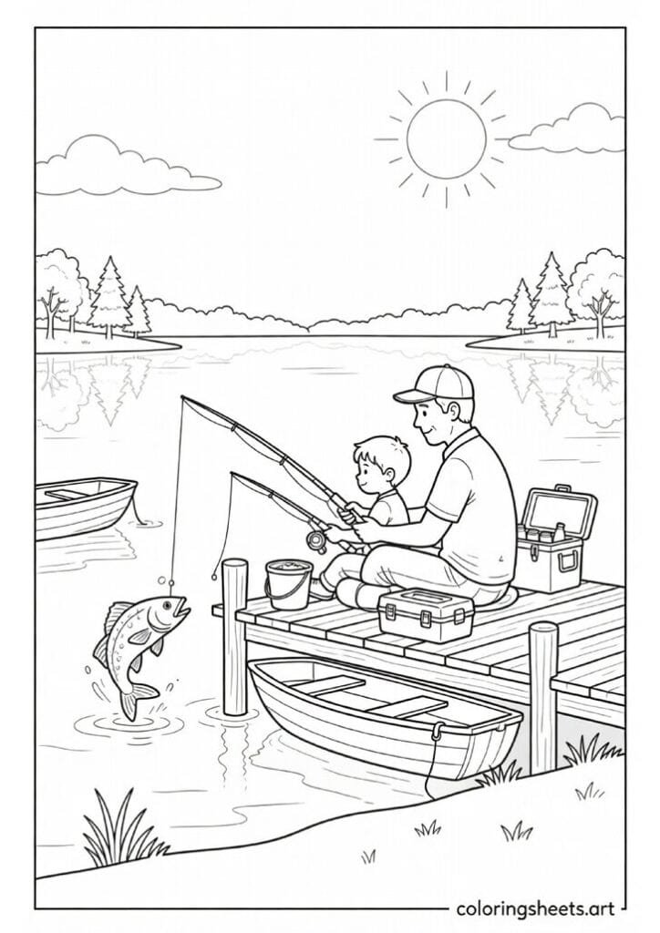 Dad and child fishing together on a wooden dock with fishing rods tackle box and fish jumping in lake Fathers Day coloring page — free printable PDF