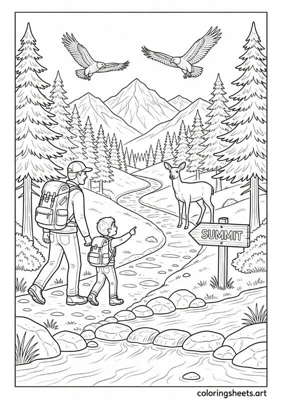 Dad and child hiking mountain trail with backpacks deer sighting pine trees and eagles Fathers Day coloring page — free printable PDF