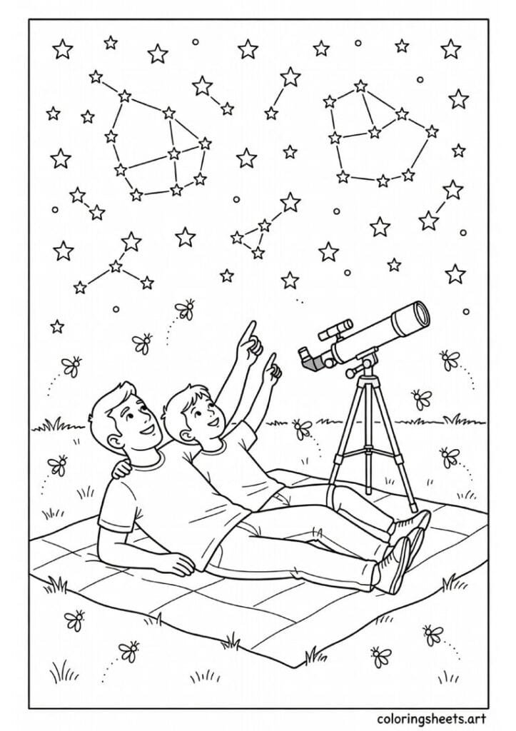 Dad and child lying on blanket stargazing with telescope Big Dipper constellations and fireflies on summer night Fathers Day coloring page — free printable PDF