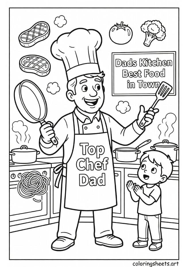 Dad in tall chef hat with Top Chef Dad apron dramatic cooking pose and child applauding Dads Kitchen Best Food sign Fathers Day coloring page — free printable PDF