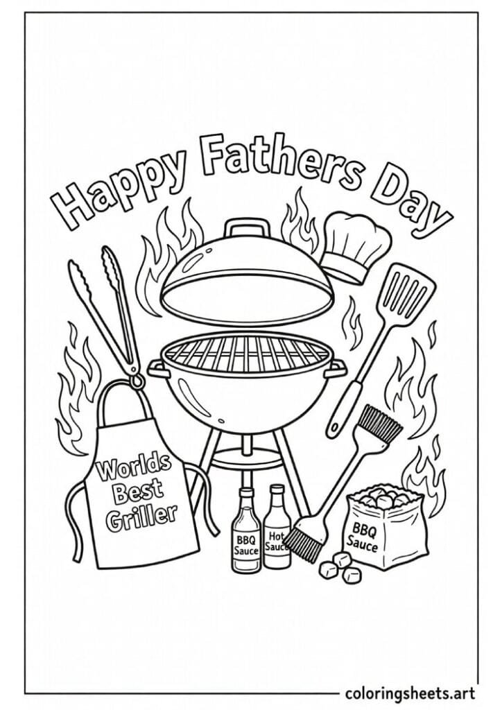Dad's BBQ tools coloring page with grill tongs spatula apron BBQ sauce and Happy Fathers Day text for kids — free printable PDF