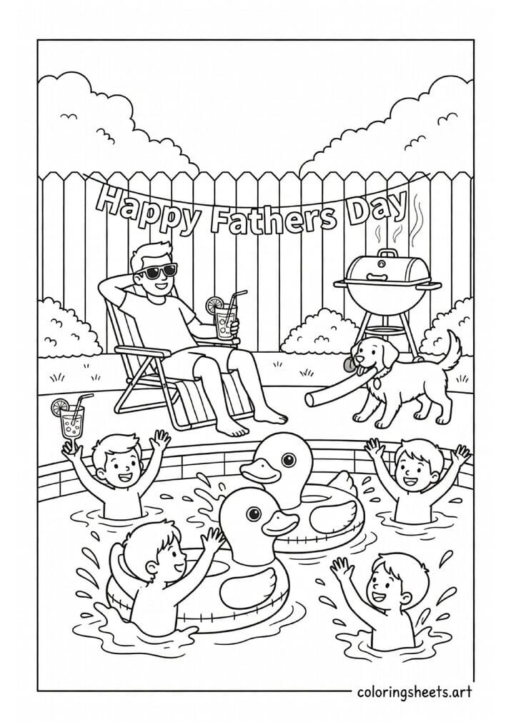 Dad relaxing in lawn chair by backyard pool with kids splashing Happy Fathers Day banner and dog with pool noodle Fathers Day coloring page — free printable PDF