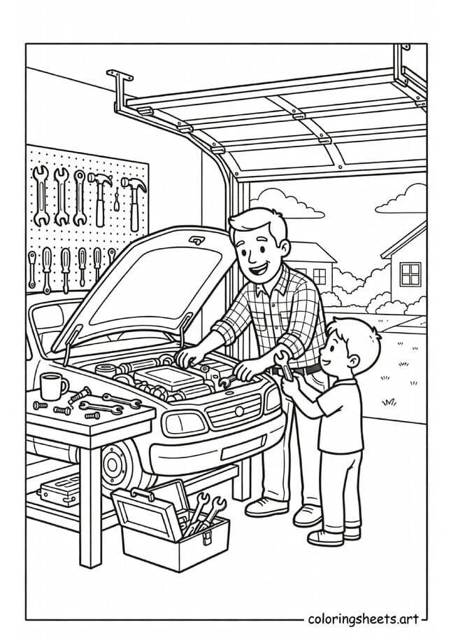 Dad in garage workshop with pegboard tools car project child handing wrench and toolbox American Fathers Day coloring page — free printable PDF