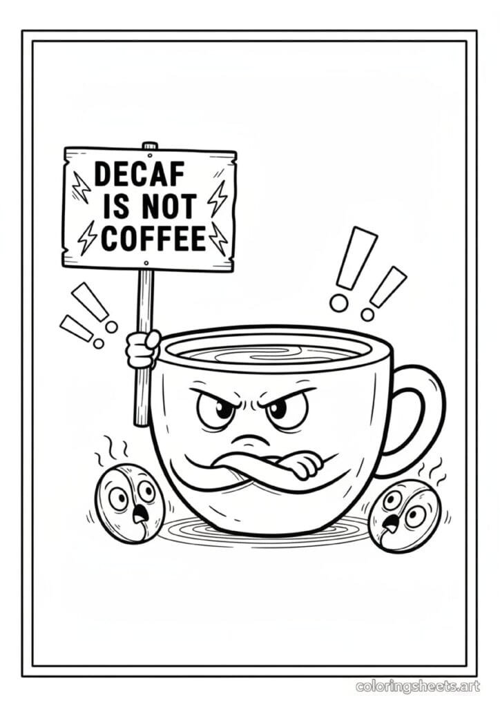 Angry cartoon coffee cup holding Decaf Is Not Coffee protest sign crossed arms shocked coffee bean bystanders exclamation marks coloring page