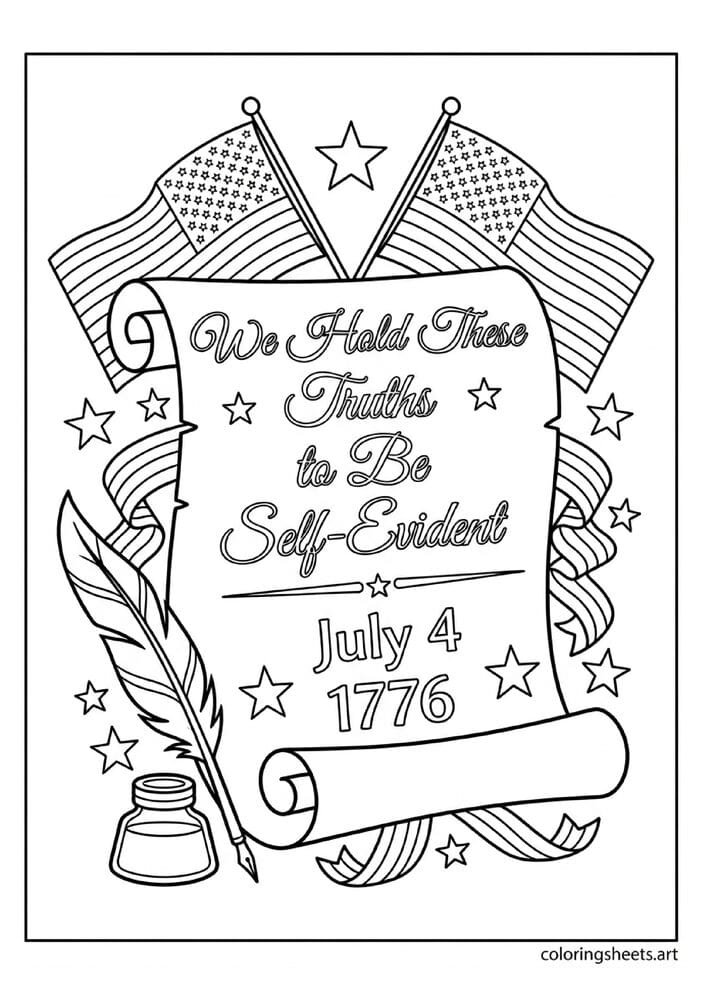 Declaration of Independence decorative scroll with We Hold These Truths quill pen July 4 1776 and American flags crossed behind 4th of July coloring page — free printable PDF