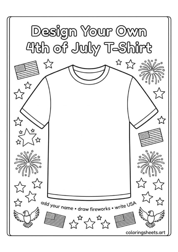 Blank t-shirt coloring activity with 4th of July design inspiration stars flags fireworks eagle motifs and Design Your Own T-Shirt text coloring page — free printable PDF