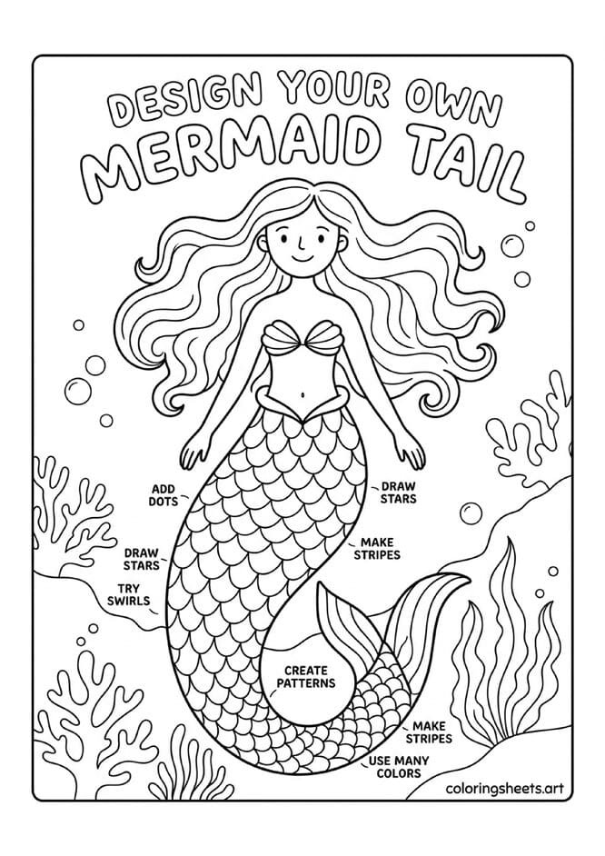 Interactive mermaid with blank scale sections Design Your Own Mermaid Tail text and decorating suggestions around the tail coloring page creative activity — free printable PDF