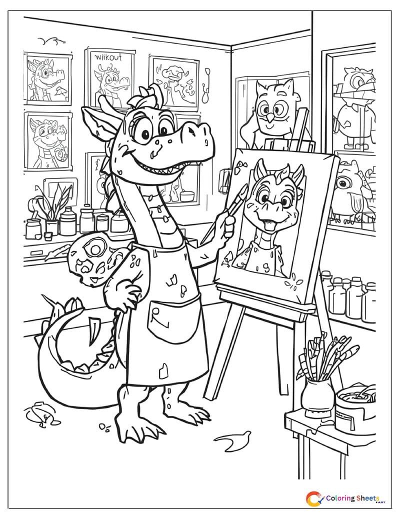 Creative cartoon dragon art class coloring page painting a self-portrait at an easel with paint smudges on its apron and snout , free printable PDF for kids