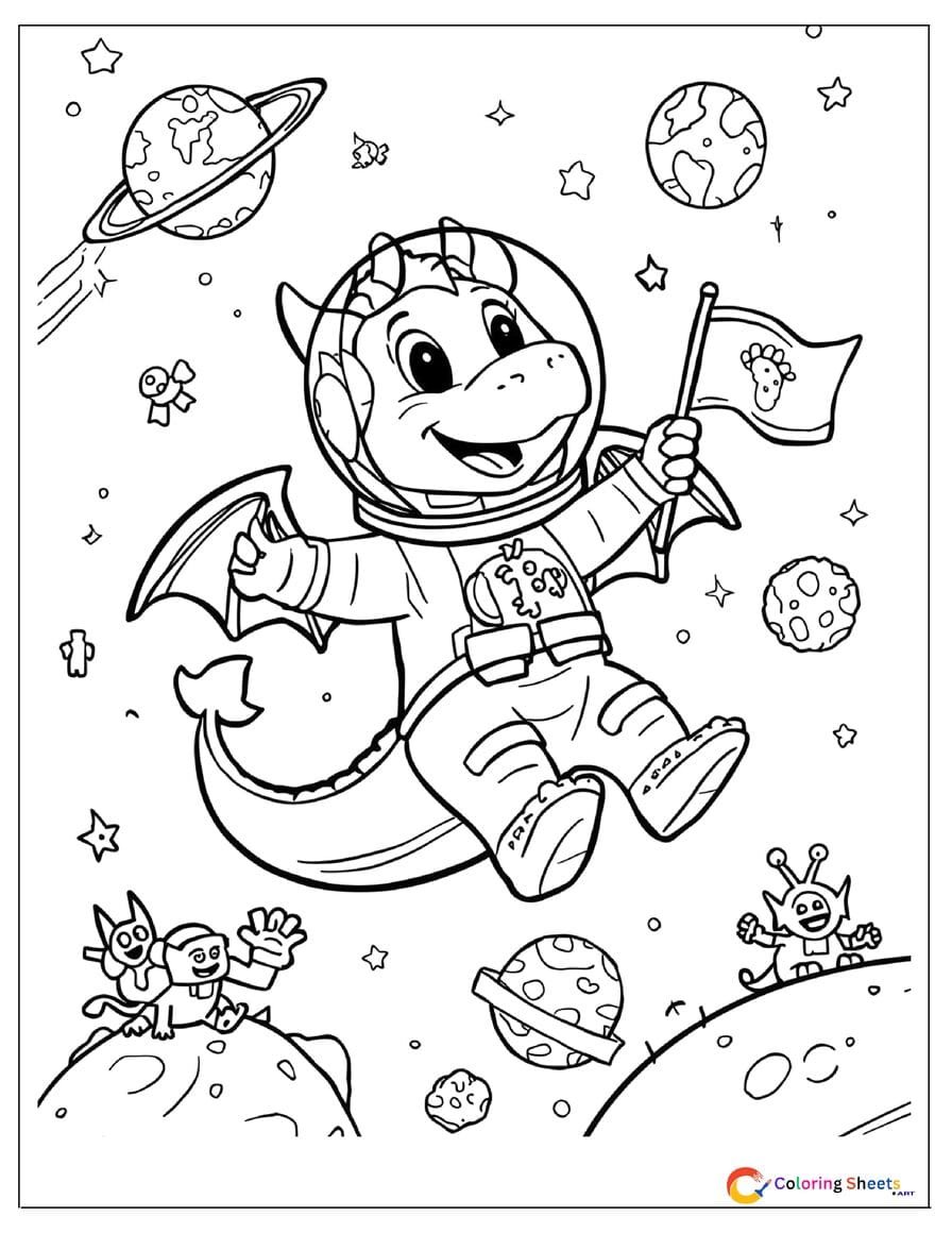 Cartoon dragon astronaut coloring page in spacesuit floating in outer space with alien friends planets and rocket ship , free printable PDF for kids
