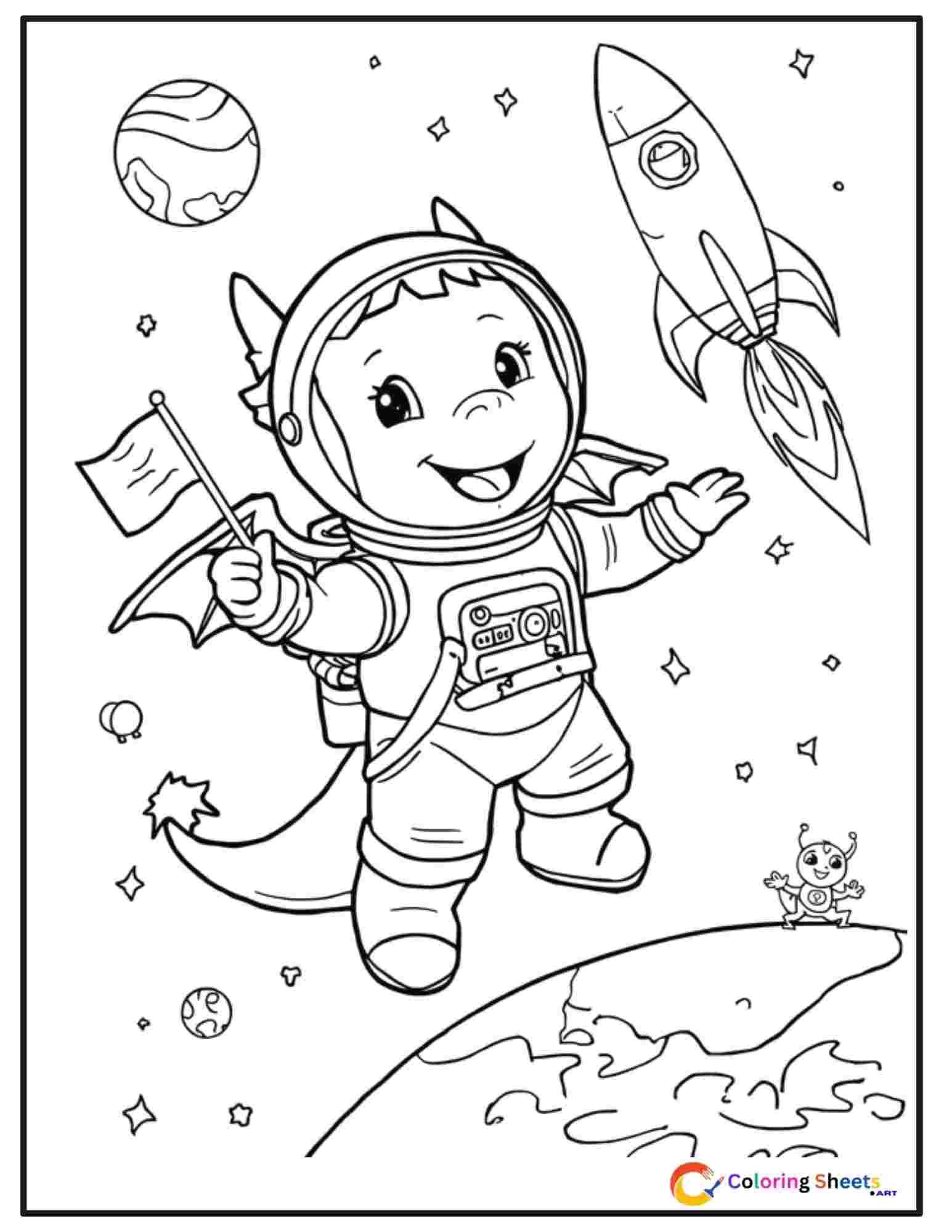 Kids space coloring page of a dragon wearing an astronaut spacesuit floating in outer space with planets, stars, and a rocket ship nearby