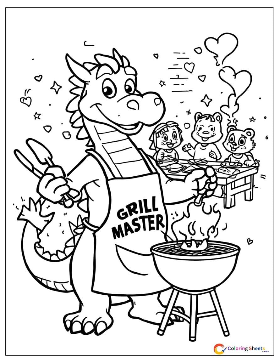 Cartoon dragon BBQ grill master coloring page using fire breath to grill food wearing an apron with animal friends waiting to eat , free printable PDF