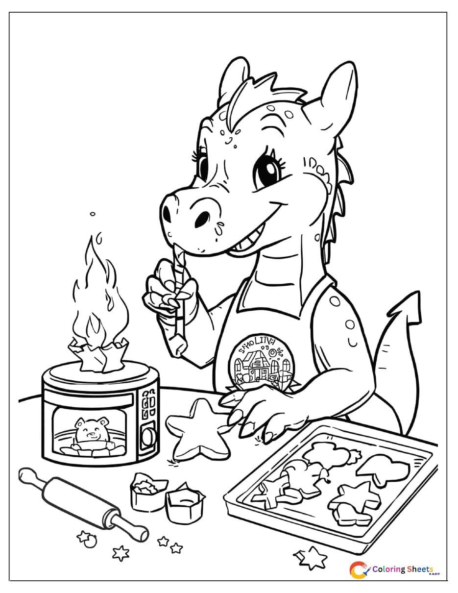 Cute cartoon dragon baking coloring page decorating star-shaped cookies with flour on its snout and oven warming in the background , free printable PDF
