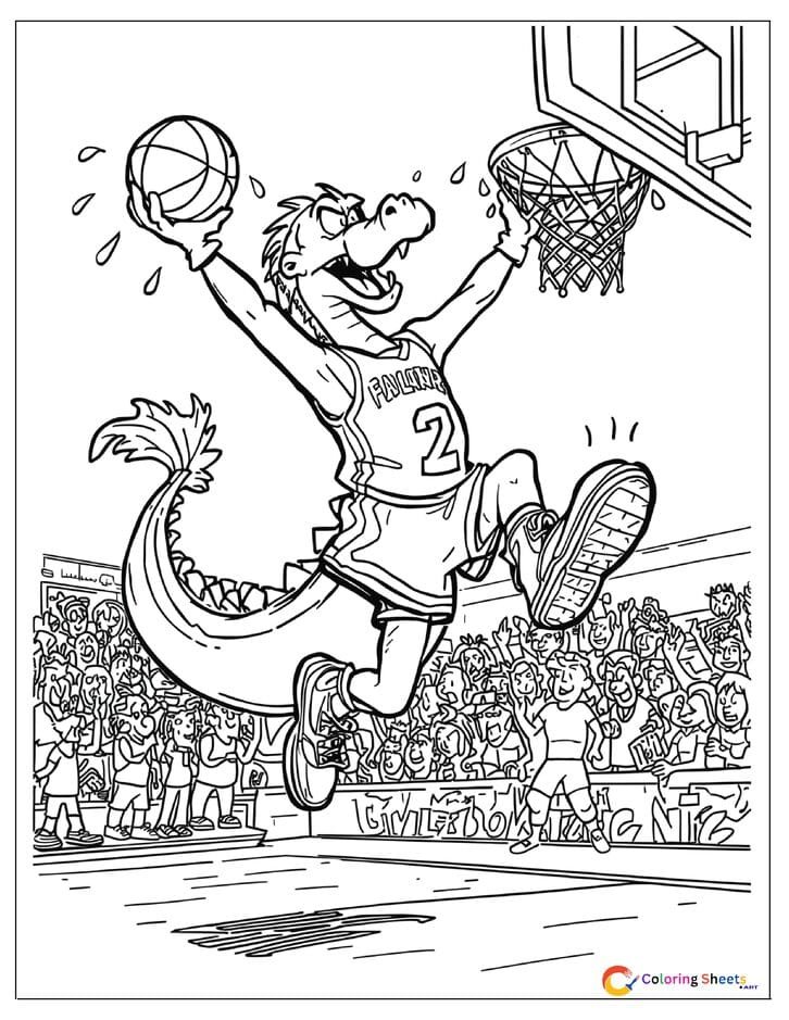 Cartoon dragon basketball player coloring page jumping for a slam dunk in jersey and sneakers with animal crowd cheering , free printable PDF for kids