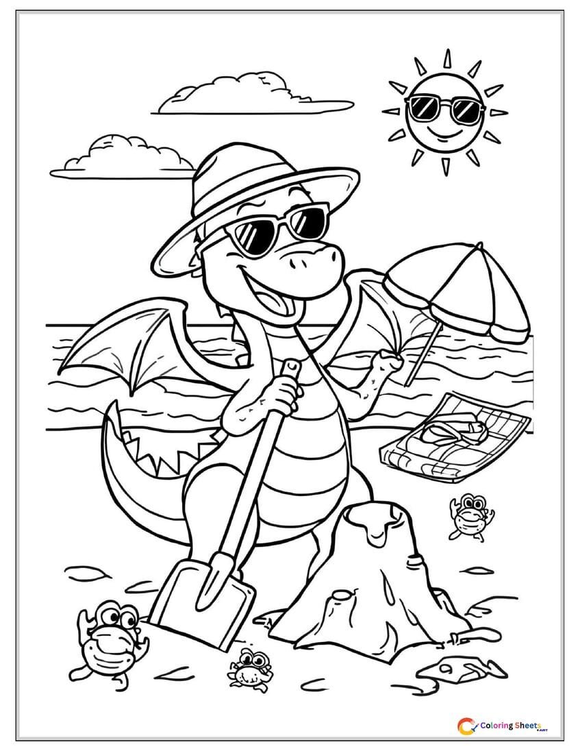 Fun cartoon coloring page of a dragon at the beach wearing a sunhat and sunglasses building a sandcastle with its tail at the shore
