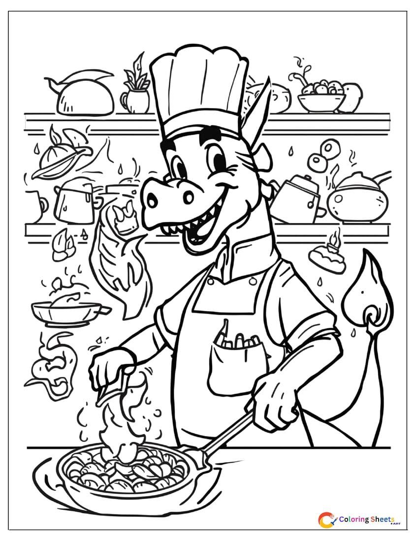 Funny cartoon dragon chef coloring page using fire breath to cook in a pan while wearing a chef hat and apron , free printable PDF for kids