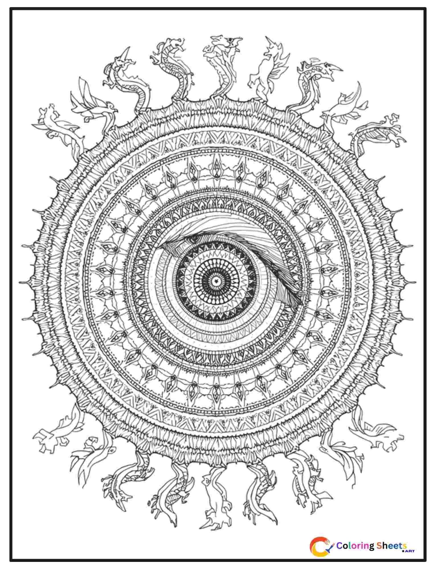 Intricate dragon eye mandala coloring page centered on a detailed dragon iris with miniature mandala patterns surrounded by scale and feather rings