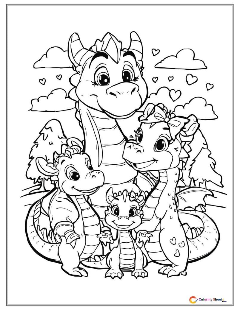 Cute cartoon coloring page of a dragon family including a big dad dragon, mom with a bow, and two playful baby dragons posing together