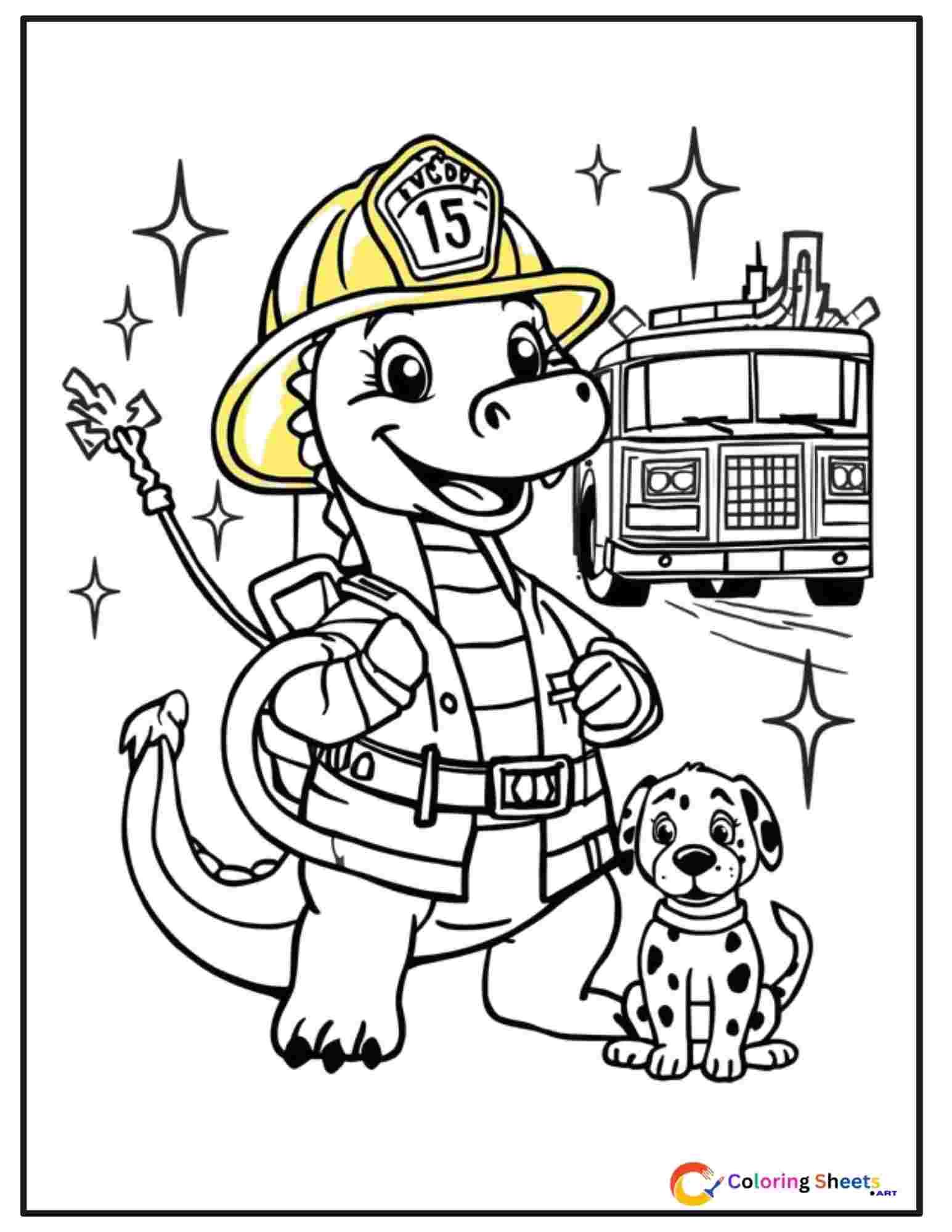 Kids coloring page of a dragon dressed as a firefighter wearing a helmet and using a hose with a fire truck and dalmatian dog in the background
