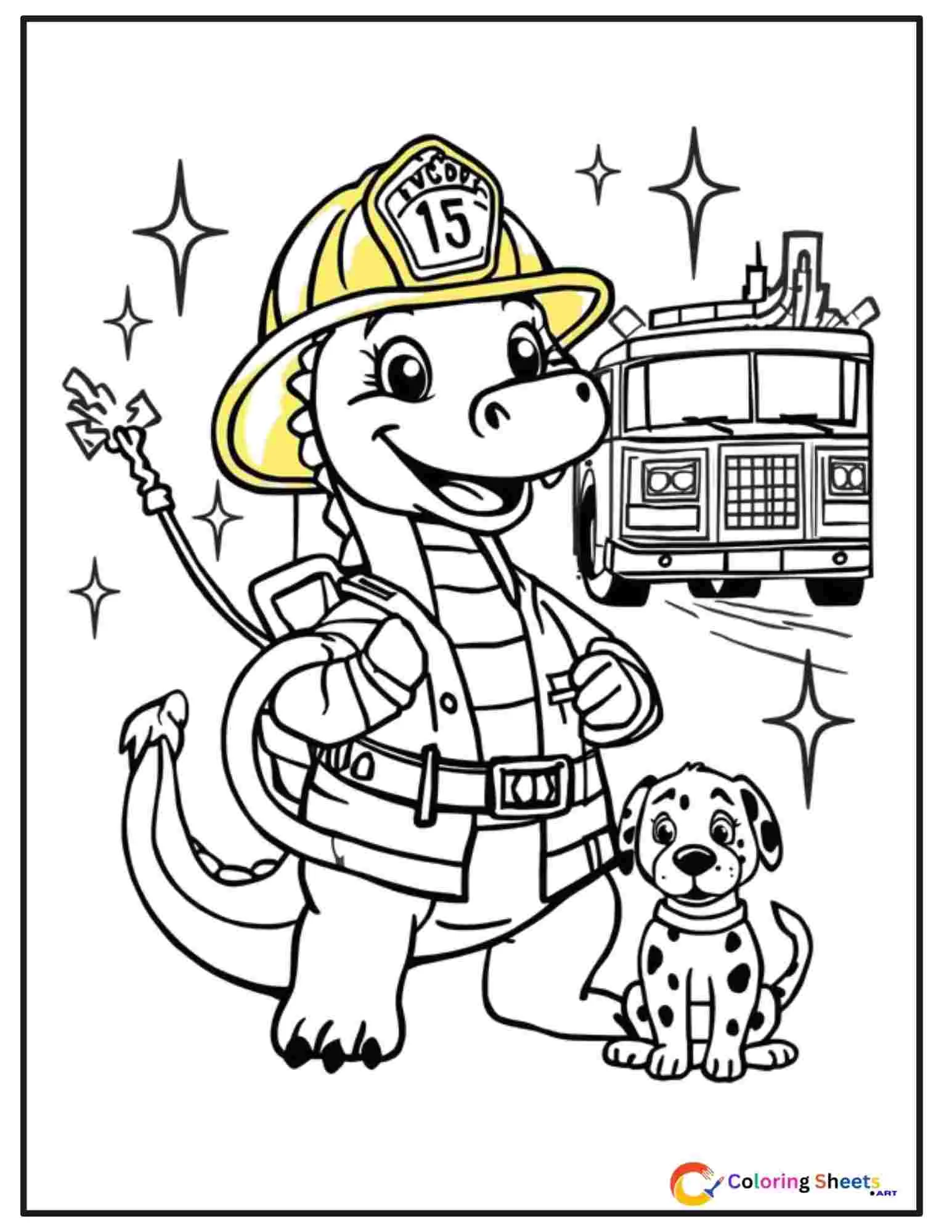 Kids coloring page of a dragon dressed as a firefighter wearing a helmet and using a hose with a fire truck and dalmatian dog in the background