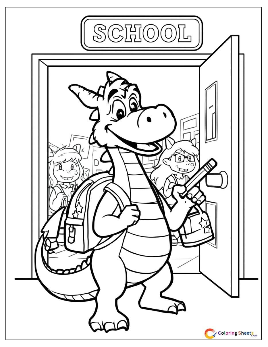 Cartoon dragon first day of school coloring page wearing a small backpack holding a pencil at school entrance with nervous smile , free printable PDF for kids