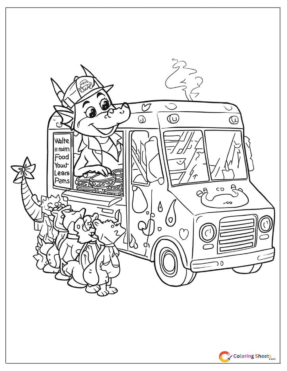 Cute cartoon dragon food truck owner coloring page leaning out truck window with animal customers in line and funny menu board , free printable PDF